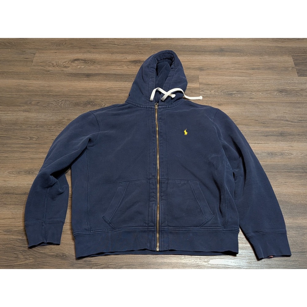 Polo Ralph Lauren Mens XL Full Zip Hoodie Navy Blue Yellow Pony Distressed